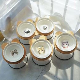 Feeding Hot Sale Highend Pet Bowl Cartoon Bamboo Shelf Ceramic Cat Feeding and Drinking Bowls Dogs Cats Bowls Pet Feeder Accessories