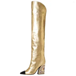 Dress Shoes Golden Pumps Crystal High Heeled Knee Women Large Size Saltos Alto Femininos Botas Largas De Mujer