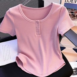 Summer New Solid Shoulder Short sleeved T-shirt for Women with Irregular Curved Skin Covering and Slimming Instagram Short Top