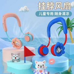 Portable Air Coolers New small fan childrens neck hanging fan Mini cute rechargeable outdoor portable foldable lazy fan Y240422