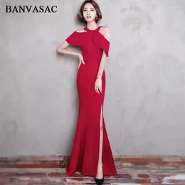 Party Dresses BANVASAC 2024 Vintage Halter Split Satin Mermaid Long Evening Short Sleeve Zipper Back Prom Gowns