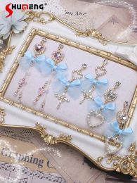 Earrings Handmade Japanese Sweet Girl Beauty Pearl Earrings Kawaii Cute Woman Love Cross Rhinestone Blue Bow Ear Clip Auricular Needle