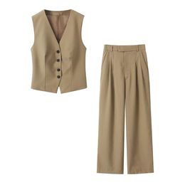 Taop Za Spring Product Womens Fashion Casual Loose V-neck Vest Coat Wide Foot Long Pants Set 240421