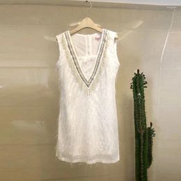 Casual Dresses V-neck Beaded Small Fragrance Sleeveless Dress Loose Fashion Shiny Tassel Party Sweet Elegant White Summer