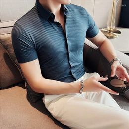 Men's Casual Shirts Camisas De Hombre High Elastic For Men Clothing Summer Slim Fit Short Sleeve Striped Social Shirt Formal Work Wear