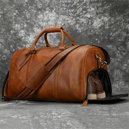 Bags Men Retro Genuine Leather Duffle Bag With Shoes Pocket Full Grain Vintage Crazy Horse Leather Travel Bag 20Inch Weekender Duffel