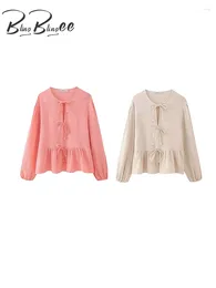Women's Blouses BlingBlingee Y2K Pink Texture Fabric Women Blouse 2024 Summer Puff Sleeve Bow Tied Hollow Out Loose Shirt Female Crop