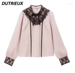 Women's Blouses Japanese Mine Pink Mixing With Black Bottoming Shirt Bow Tie Lace Long-Sleeved Sweet Blouse All-Matching Spring Tops