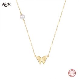 Necklaces Aide 925 Sterling Silver Double Stacked Pearl Butterfly Necklace For Women 18k Gold Minimalism Necklace Fine Jewellery Party Gift