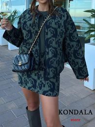 KONDALA Vintage Green Leopard Print Coat Suits Women Long Sleeve Loose JacketsHigh Waist Thick Skirts Fashion Elegant Sets 240408