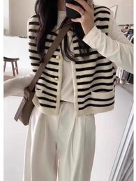 Women's Vests Black White Striped Knitted Vest Women Autumn Winter Fashion O-Neck Sleeveless Sweater French Elegant Gold Buckle Cardigan Top