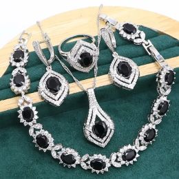 Strands Black Sapphire 925 Silver Jewellery set for Women Wedding Bracelet Earrings Necklace pendant Ring Birthday Gift