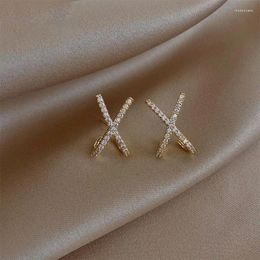 Stud Earrings 2024 Design Metal Zircon Cross X Gold Colour For Woman Elegant Accessories Korean Fashion Jewellery Party Girls