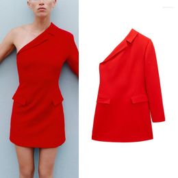 Casual Dresses Red French Style One-Shoulder Asymmetric Dress