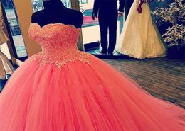 2015 Watermelon Red Quinceanera Dresses Ball Gown Real Images Sweetheart Lace Vestido De Festa Floor Length Cheap Tulle Formal Pro1065980