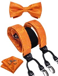 Fashion Silk Mens Adjustable Suspenders Orange Paisley Pre-tied Bowtie Pocket Square Cufflinks Set for Wedding Party Business 240418