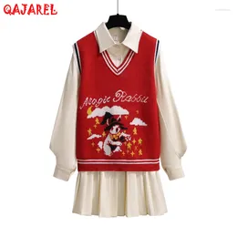 Work Dresses 2024 Korean Fashion Two Piece Dress Sets Women White Chiffon Long Sleeve Shirt Red Knitted Cotton Sweater Vest