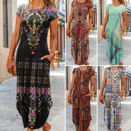 Casual Dresses Women Dress O-neck Short Sleeve Elegant Summer Retro Pattern Print Slant Pockets Maxi Female Streetwear
