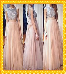 2022 Fashion Nude Tulle Sliver Crystal Crew Prom Dresses A line Backless Ruched Bows Open Back Evening Formal Dress Gowns Custom M3574731