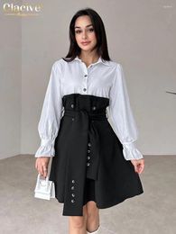 Casual Dresses Clacive Fashion Losoe Black Patchwork Women'S Dress Lapel Long Sleeve Mini Elegant Classic Lace-Up Female