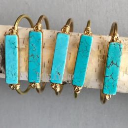 Strands 10pcs Natural Stone Howlite Bar Bangle Bracelet Women K Gold Color Stainless Steel Open Cuff Boho Blue Turquoise Gift Jewelry
