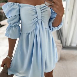 Women Casual High Waist Mini Dress One Shoulder Short Dress Fashion Eleggant Ladies Dresses Solid Colour Party Puff Sleeve Dress 240421