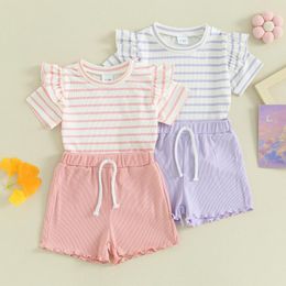 Clothing Sets Soft Cotton Little Girls Summer Clothes Set Ruffle Short Sleeve Striped Tops Elastic Waist Shorts 2PCS Casual Toddler Outfits