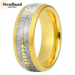 Rings MenBand 8MM Yellow Tungsten Wedding Bands Ring For Men Women Arrow And Meteorite Inlay Brushed Finish Comfort Fit