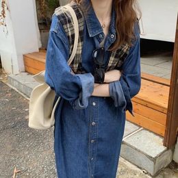 Casual Dresses Vintage Denim Shirt Long Dress Autumn Women Single Breasted Solid Loose Turn-Down Collar Streetwear Clothes