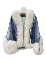 Women's Jackets Denim Jacket V Collar Short Loose Version Splicing Fur Design Warm And Comfortable 2024 Winter 1115