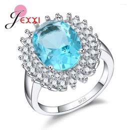 Cluster Rings Big Dazzling Blue Crystal Flower Ring Cubic Zircon Material Pure 925 Sterling Silver Needle Jewellery Women Trendy Wedding