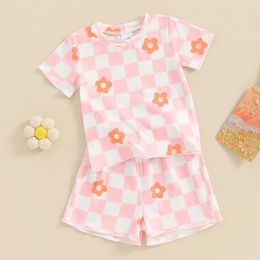 Clothing Sets FOCUSNORM 0-4Y Toddler Little Girls Lovely Clothes Short Sleeve Checkerboard Flower Print Tops Elastic Waist Shorts