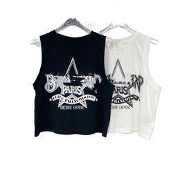 Women's summer o-neck cotton fabric letter logo print casual designer tanks crop top vest camis SML