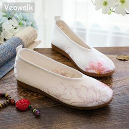 Casual Shoes Veowalk Flower Embroidered Women Soft Glossy Cotton Fabric Ballet Flats Ladies Slip On Walking Non-Slippery