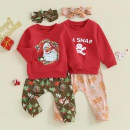 Clothing Sets 2pcs Baby Girls Christmas Outfit Long Sleeve Crew Neck Santa/Gingerbread Man Print Sweatshirt With Pants Headband