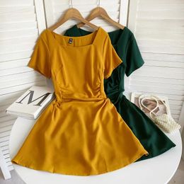 Casual Dresses Short Sleeve Square Collar Slim A-line Robe 2024 Spring Summer For Women Clothes Elegant Ladies Pleated Dress Korean