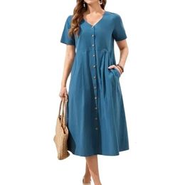 Singlebreasted Cardigan V Neck Solid Color Dresse Double Pockets Short Sleeve Gown Vintage Loose Cotton Linen Dress 2024 240419