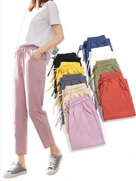 여성용 바지 Capris Womens Spring and Summer Pants Cotton Linen Solid Elastic Waist Candy Color 모래 시계 바지 소프트 및 고품질 여성 S-XXL Y240422