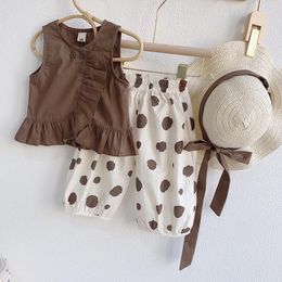 Clothing Sets Girls Summer Set 2024 Korean Solid Color Top And Dotted Pants Two Piece Fashionable Sweet For Outdoor