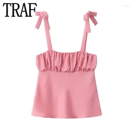 Women's Tanks Pink Satin Crop Top Women Tied Bow Sleeveless With Straps Ruched Backless Sexy Short Tops Woman 2024 Summer Cute