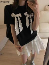 Women's T Shirts 2024 Summer Casul Loose For Women Black Sweet Cute Short Sleeve Tshirts Patchwork Lace Bow Vintage O-neck Y2k Fashion Top