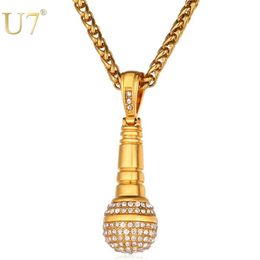 U7 Ice Out Chain Necklace Microphone Pendant Men Women Stainless Steel Gold Colour Rhinestone Friend Jewellery Hip Hop P1018 210298D