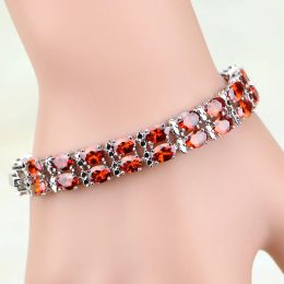 Strands 925 Sterling Silver Bridal Jewellery Oval Red Garnet Chain Link Charm Bracelet For Women Wedding Free Gift Box