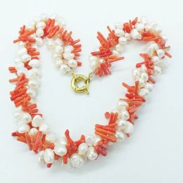 Necklaces 3 rows of classic natural baroque pearls and natural irregular coral necklaces, the most beautiful bridal necklace 21"