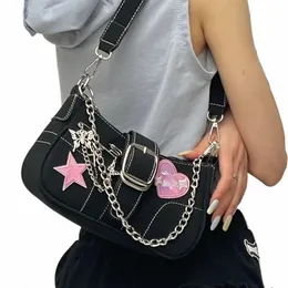 y2k Fi Women's Handbags Stars Pattern Cool Girls Underarm Bag Fi Canvas Female Small Shoulder Bags Chain Tote Purses o2Zd#