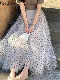 Skirts Gagaok Women Korean Chic Spring Style Bow Print High Waist Versatile Mesh Half Skirt Long Vintage Fashion Clothing