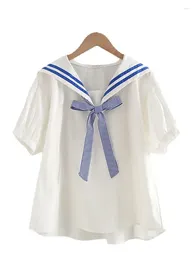 Women's Blouses JK Style Summer Women Cotton Top Preppy Sailor Collar Loose Blue White Navy Blouse School Uniform Tops