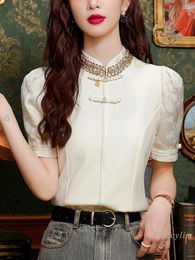 Women's Blouses Chinese Style Elegant Short-Sleeved Chiffon Shirt Rhinestone Beaded Stand Collar Blouse Summer High-End Top Lady