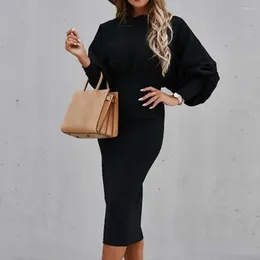 Casual Dresses Fashion Midi Dress Autumn Winter Elastic Soft Texture Pure Color Bodycorn Office Slim