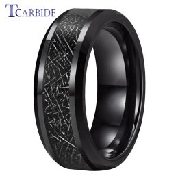 Rings 8MM Tungsten Wedding Rings For Men Women Black Meteorite Inlay Bevelled Polished Trendy Gift Jewellery Comfort Fit